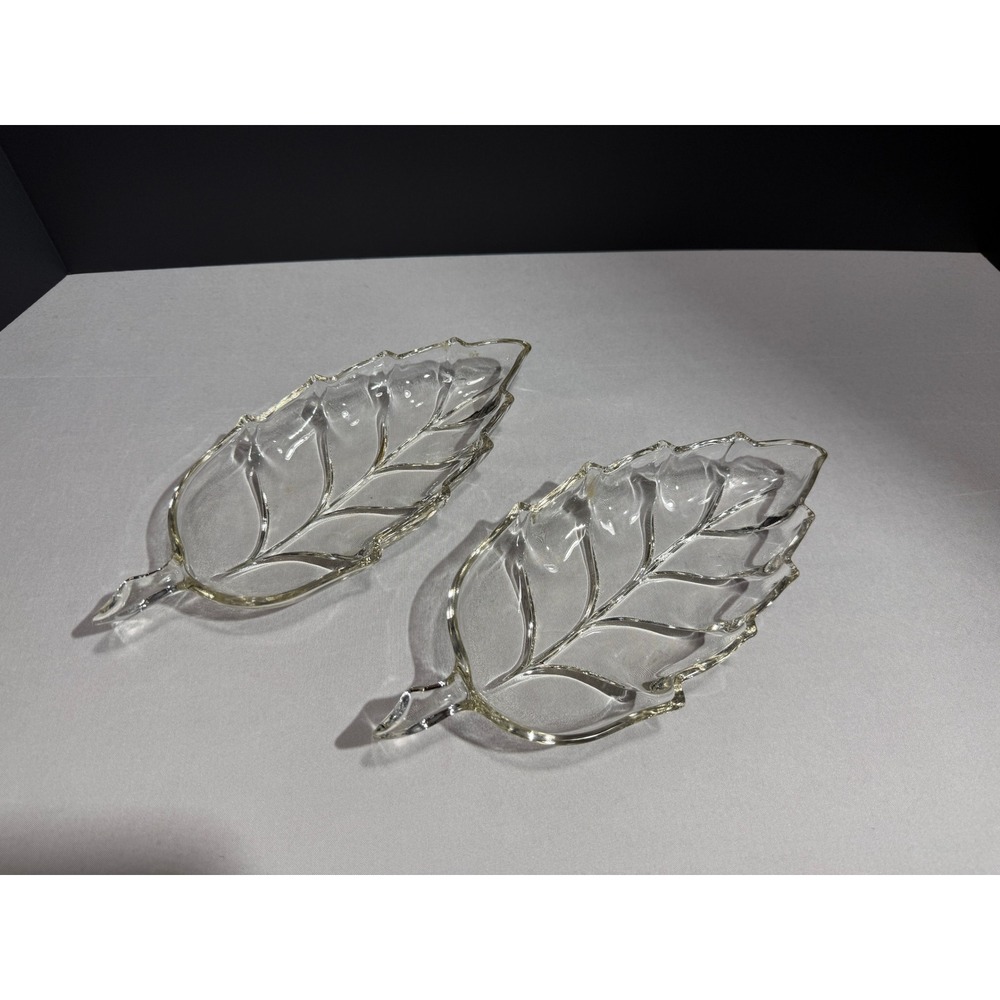 Vintage Hazel Atlas Clear pressed Clear Glass Leaf Shaped Relish Dishes Set of 2